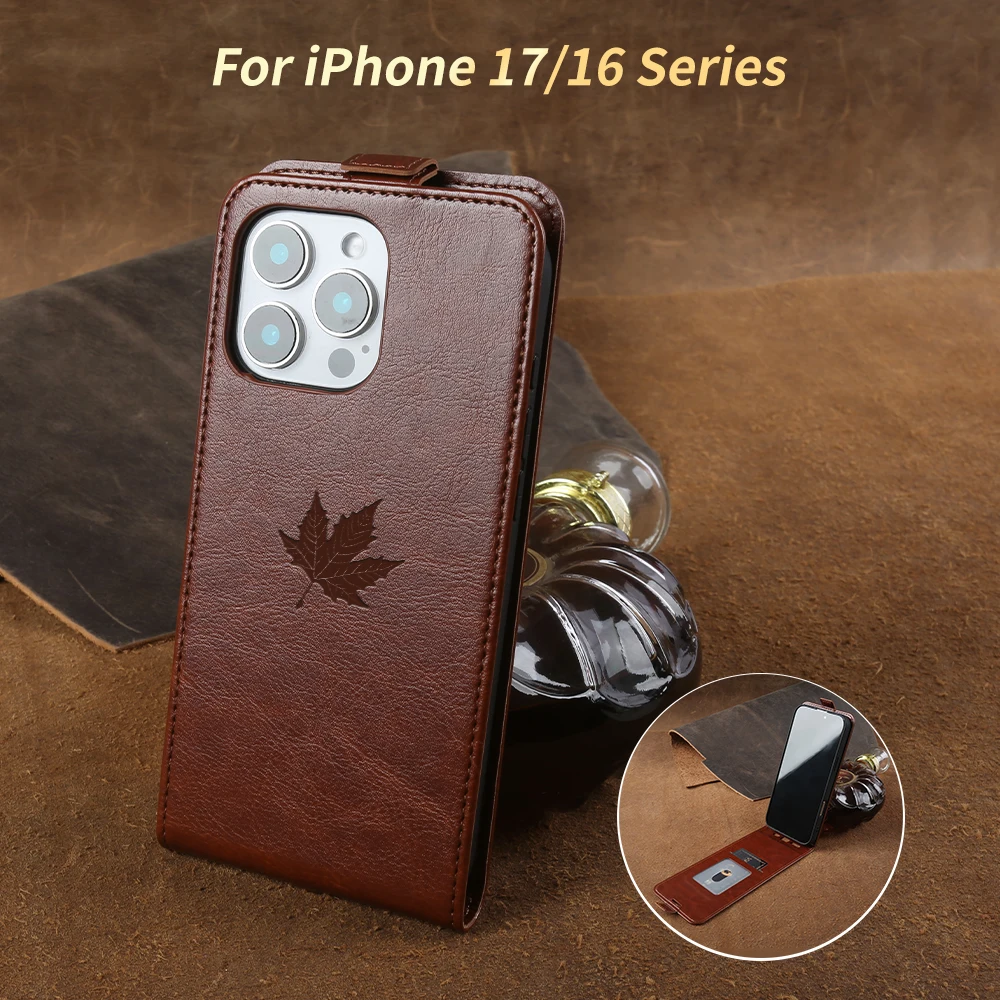 Elegant Maple Leaf Leather Phone Case with Card Slot - Front & Back Cover