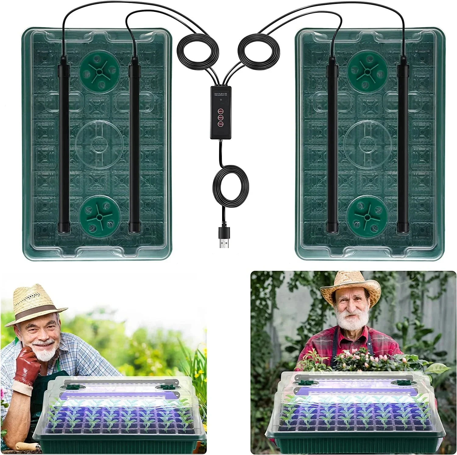 Seed Starter Trays 2 Packs 80 Cells 4 LED Grow Lights Smart Timer 3 Modes For Home Gardene