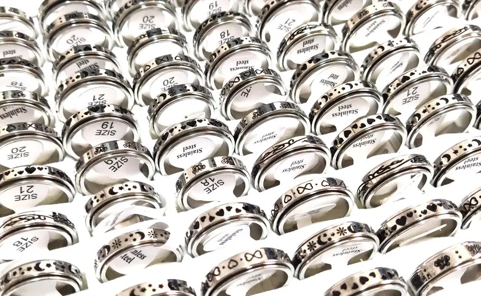 Masse verlost 20/50 stücke Kreative Design Mix Sterne Mond Herz Schmetterling Angst Relief Spin Ringe Edelstahl Drehen ring Unisex – Detail 7