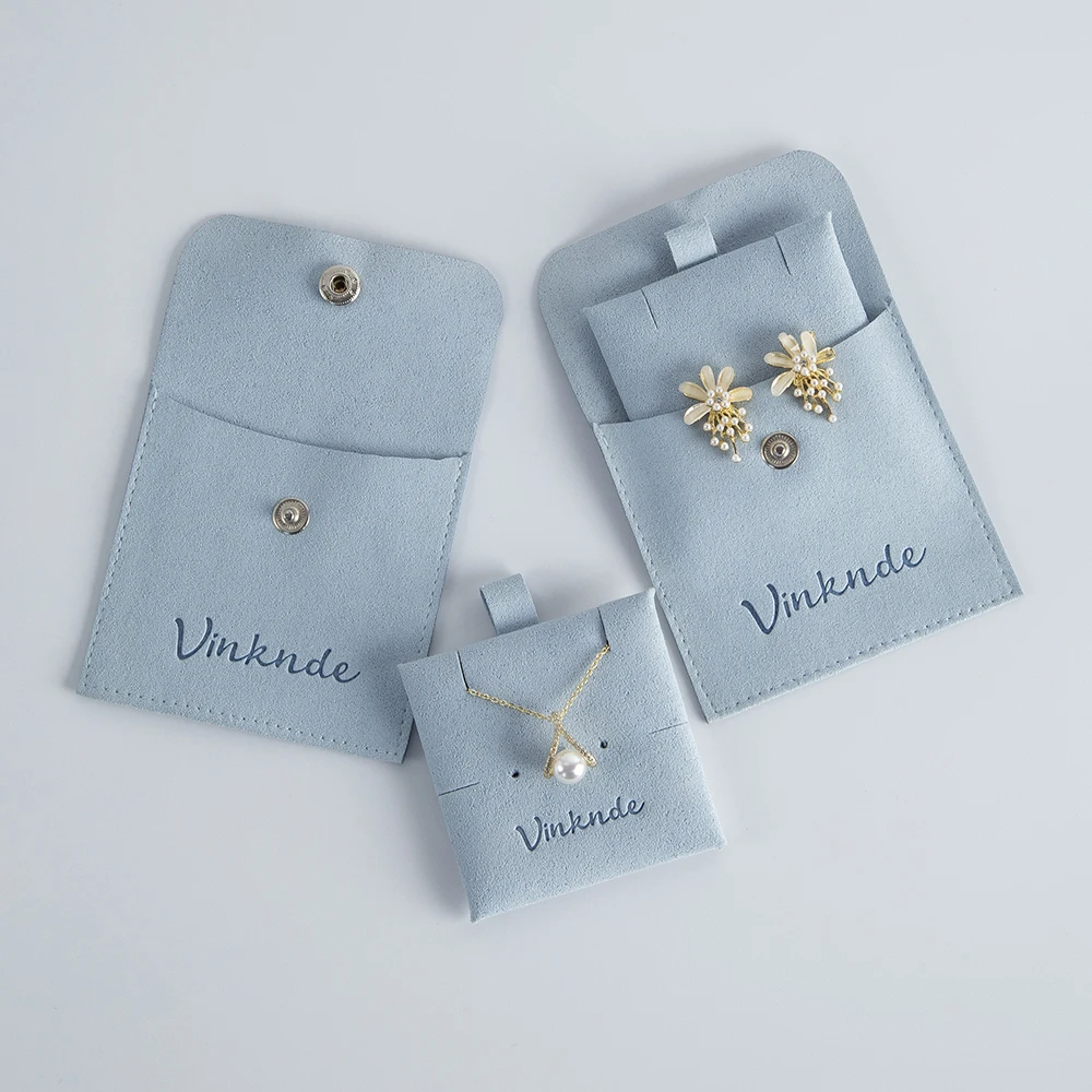 Custom Logo Printed Gift Necklace Jewellery Packaging Bag Envelope Snap Button Microfiber Jewelry Pouch with Pads Card Insert