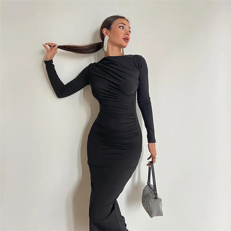 

Women's Long Dress O-neck 2024 Spring High Waist Folds Streetwear Winter Office Lady Solid Tunics Bodycon Evening Party Dresses