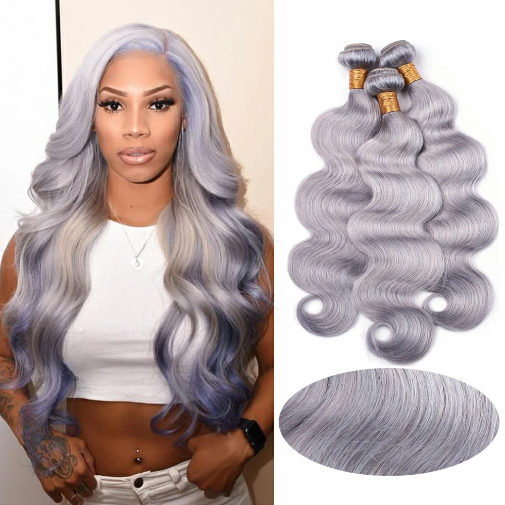 Grey Pre Colored Human Hair Bundles Brazilian Body Wave Human Hair