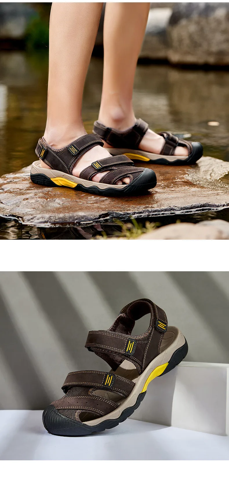 Summer Genuine Leather Men's Sandals Classic Breathable Slip-On Sandals Men Outdoor Casual Beach Sandals Sneakers Plus Size 48