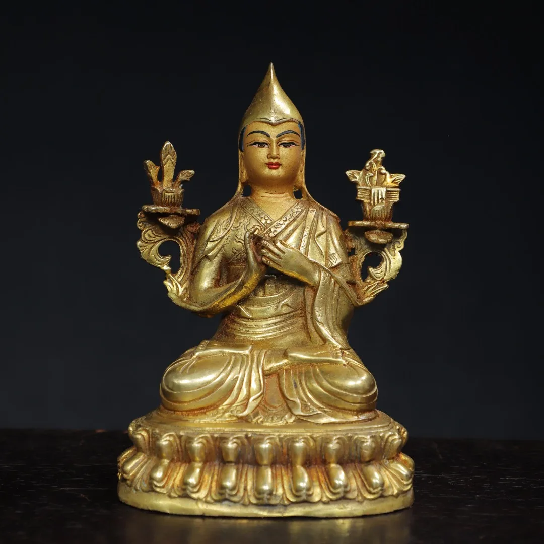 

6"Tibet Temple Collection Old Bronze Gilded Facial Painted tsongkhapa Lotus Terrace Sitting Buddha Worship Hall Town house