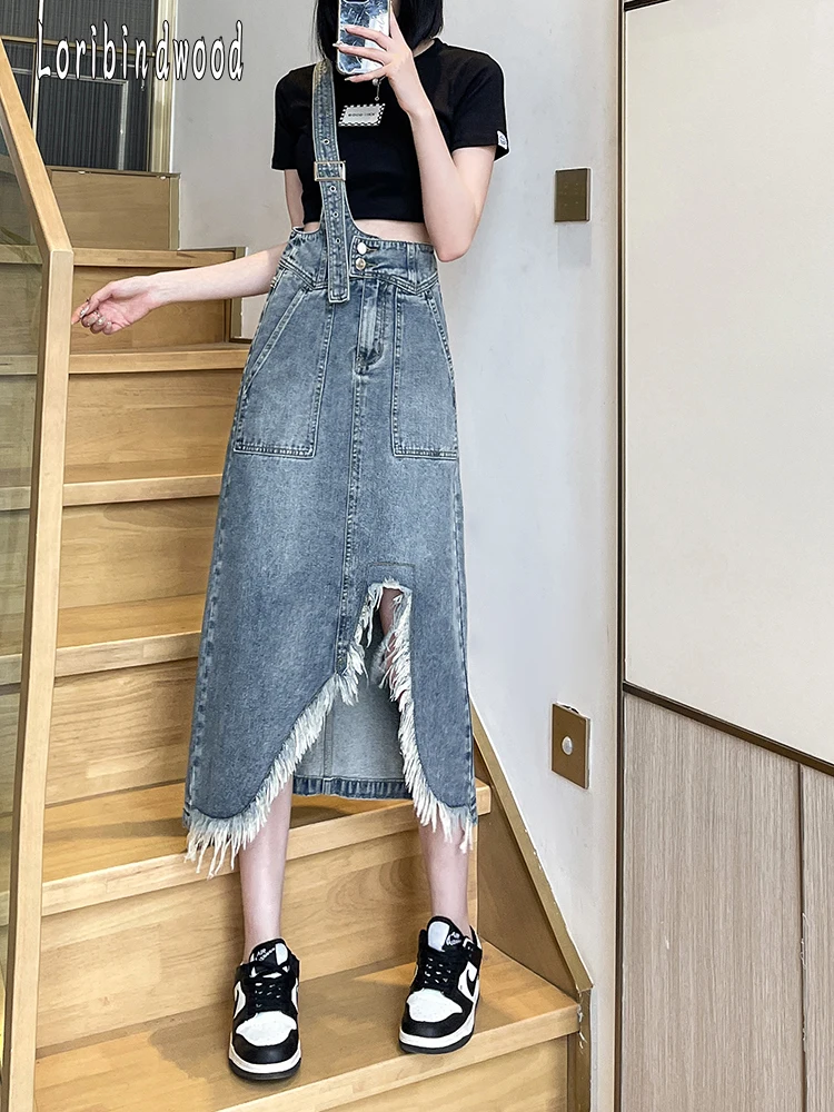 Fashion Women Denim Jumpsuit Loose Overalls Dress Long Suspender Skirts  Casual