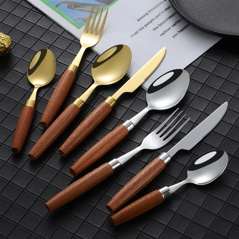Spoon Fork Vintage Wood Handle Stainless Steel Dessert Snack Spoons