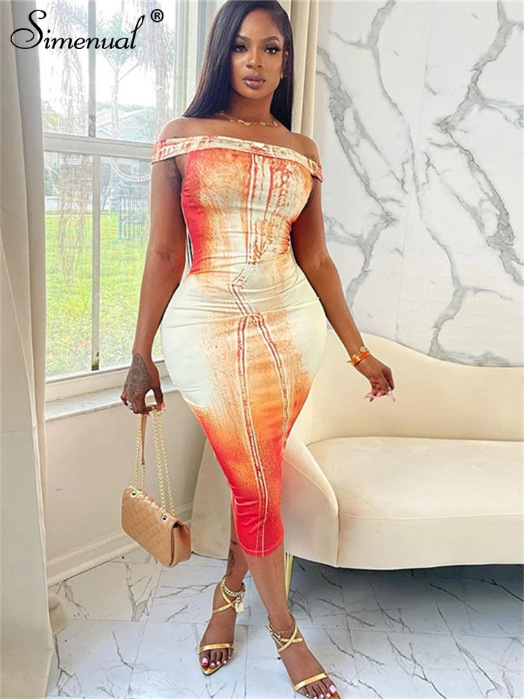 

Simenual Elegant Fashion Print Slash Neck Bodycon Mid Dress 2023 Fairy Slim Off Shoulder Party Outfits Sexy Rave Dresses Women
