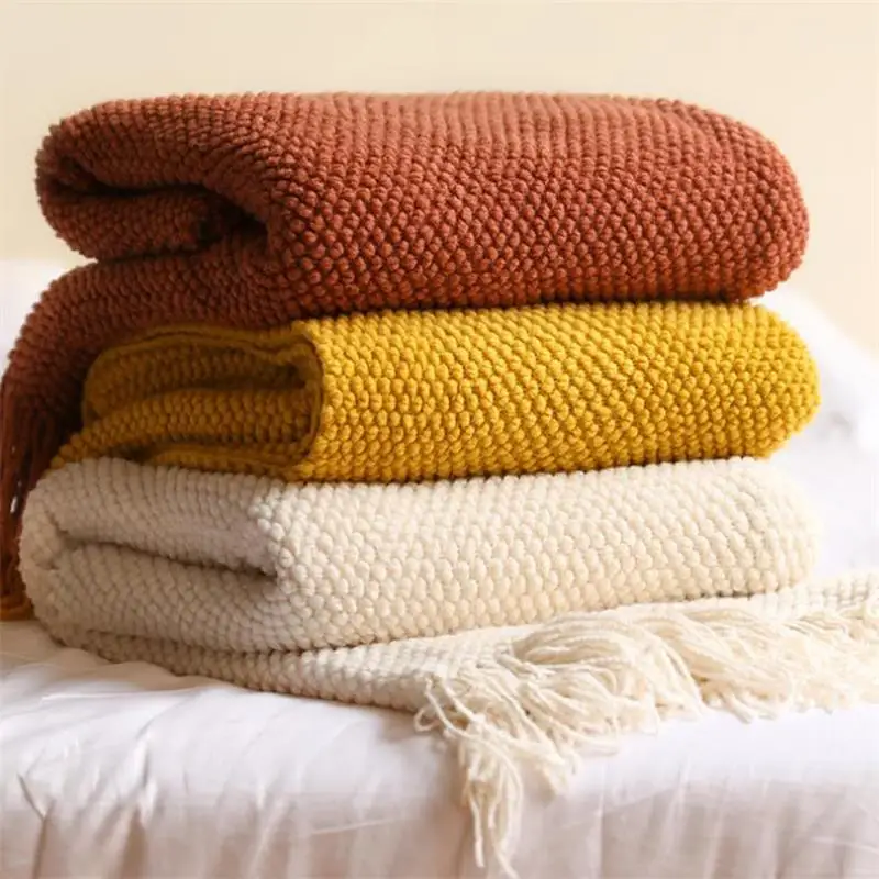 Nordic Knitted Blanket on the Bed Sofa Plaid Travel Nap Blankets Solid Color Soft Winter Air Conditioning Blanket with Tassels 3