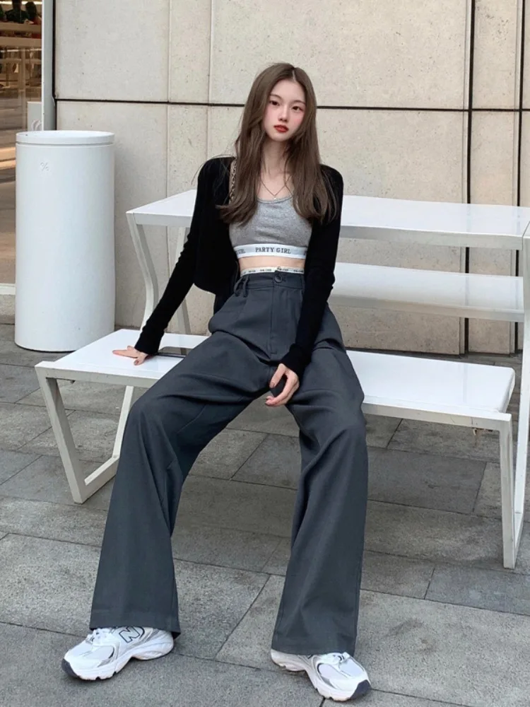 Black Wide Leg High Waist Cut Suit Pants For Women's Spring 2024 New High Waisted Drape Casual Pants High-end Straight Leg Pants