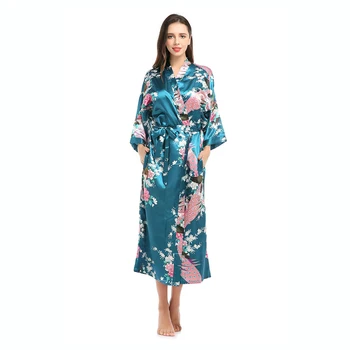 Kimono in raso di seta da donna Vestaglia lunga da notte Vestaglia floreale con motivo stampato pavone Accappatoio da damigella d'onore per matrimoni 1