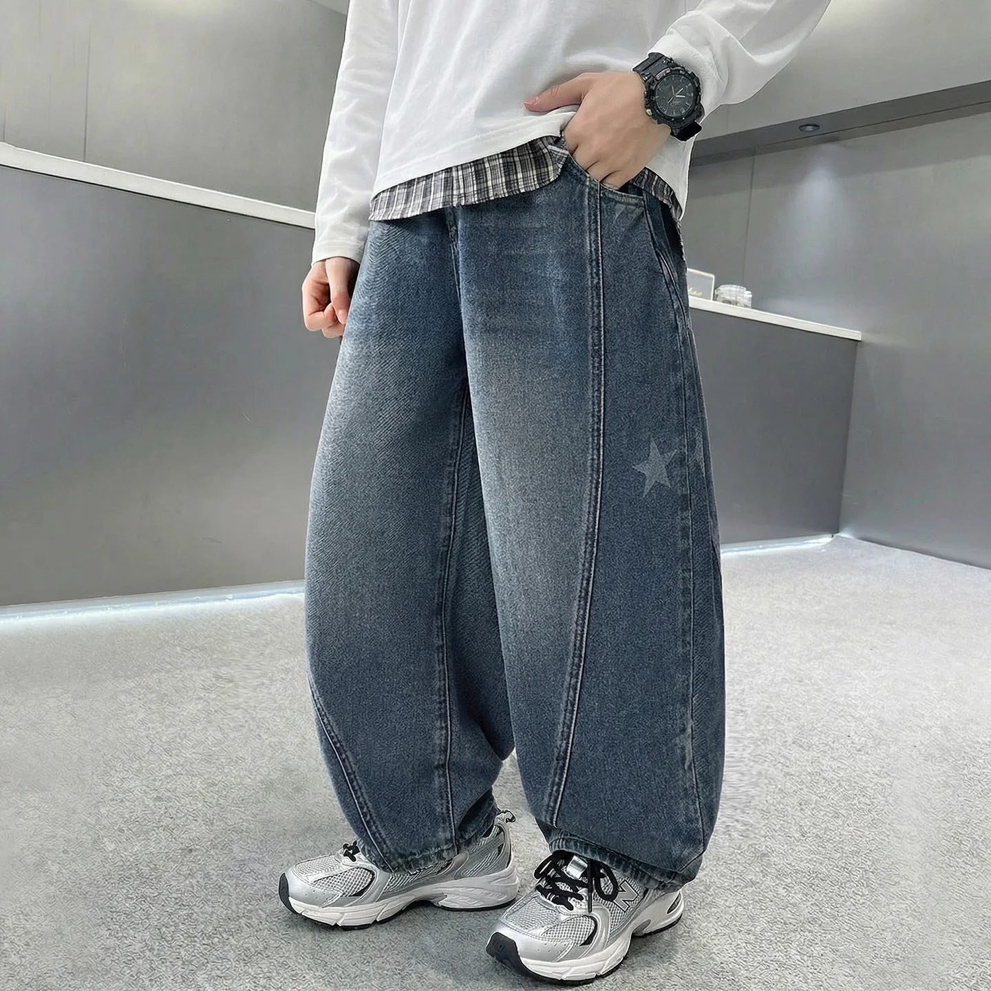 패치워크 곡선형 블루 진(남아용) 스타 프린트 스트리트웨어 바지 헐렁한 아동 청소년 봄 가을 스타일리쉬 팬츠 4-14세