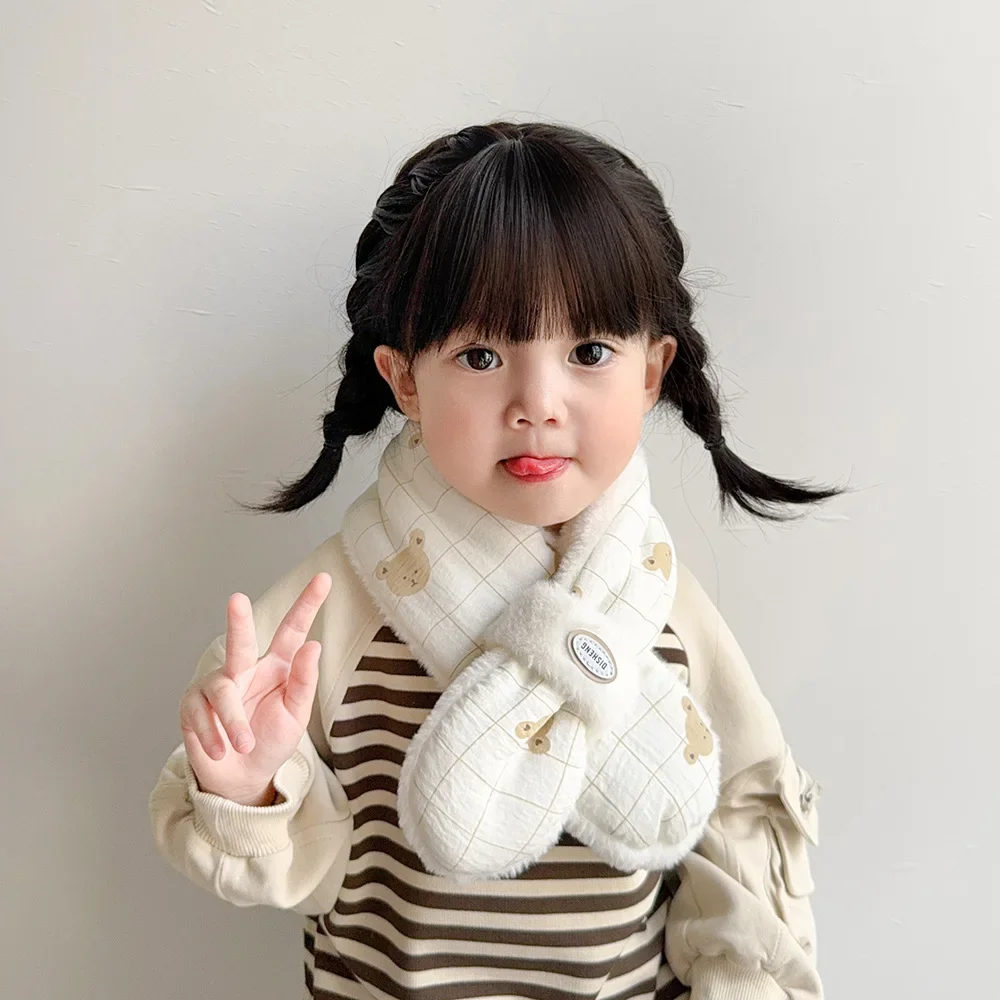 Korean Cute Bear Baby Winter Scarfs for Girls Boys Children's Neck Cross Fleece Warm Kids Scarves Baby Accessories