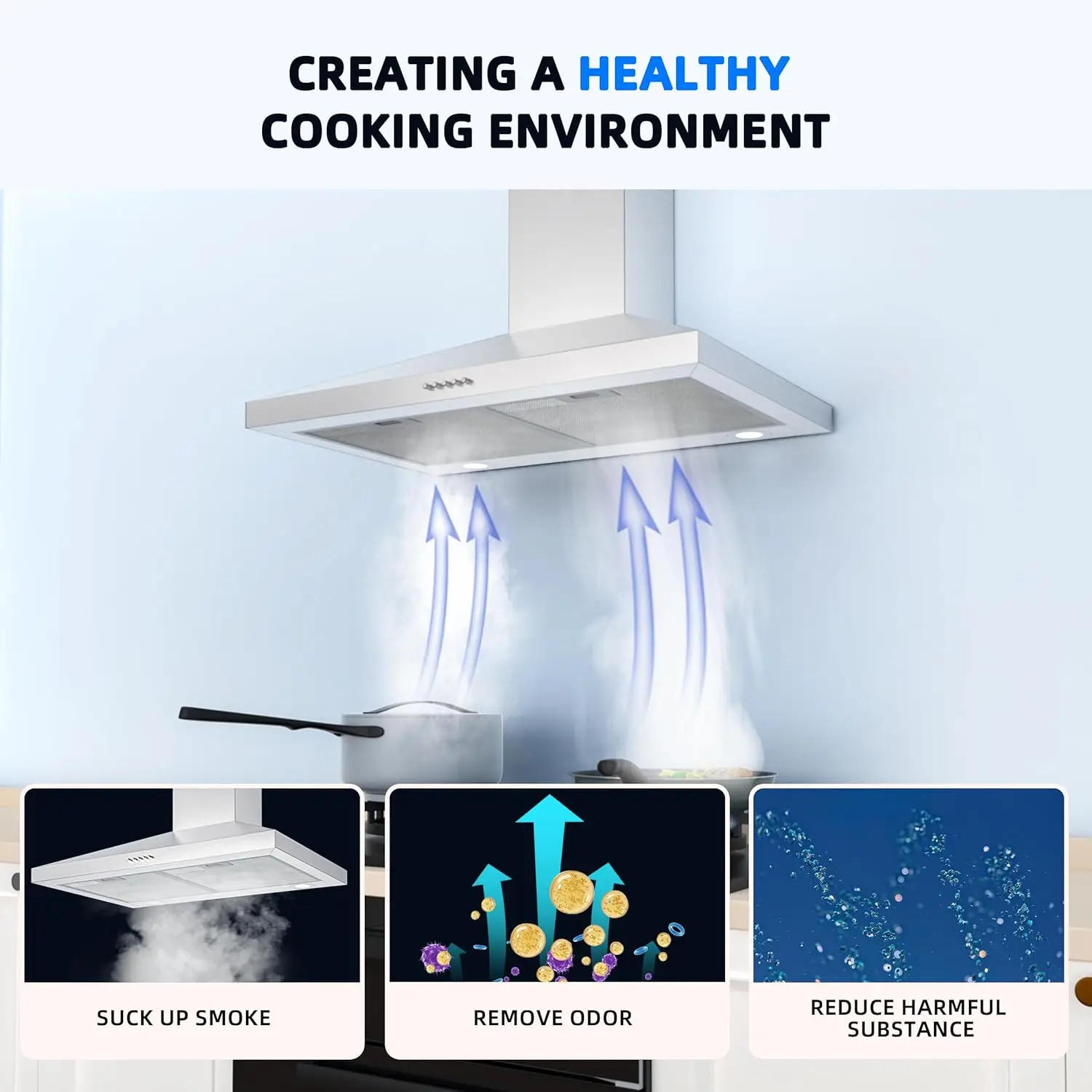 Stainless Steel Wall Mount Kitchen Hood 450 CFM with 3 Speed Exhaust Fan, Ducted/Ductless Convertible