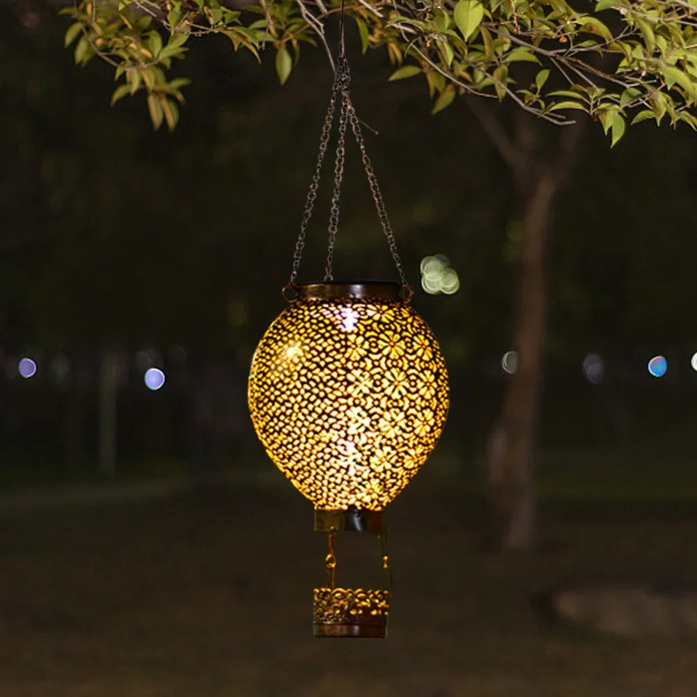 Solar Decorative Night Light IP55 Waterproof Retro Hot Air Balloon Light Auto On&Off Flower Hollow Out Lantern for Holiday Party