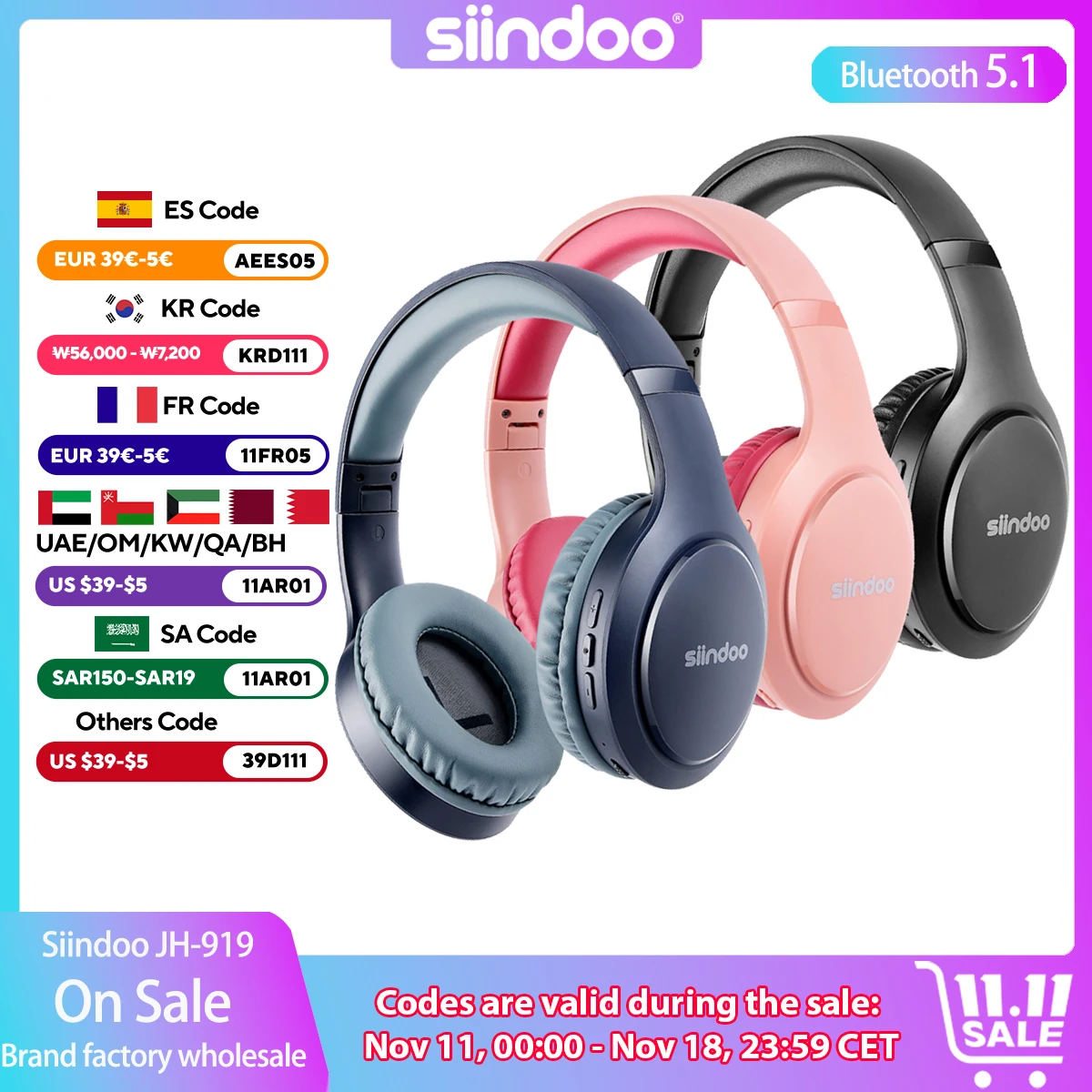 Siindoo Wireless Bluetooth Headphones 3 Colors Foldable Stereo Earphones Super Bass Noise Canceling Mic Headset JH-919 For TV PC 1