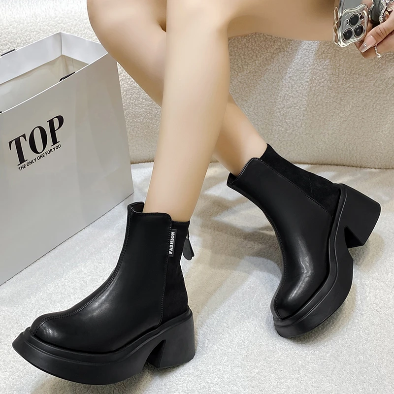 Ladies Shoes 2023 High Quality Zipper Women's Boots Winter Round Toe Mixed Colors Short Barrel Chunky Heel Fashion Boots Zapatos