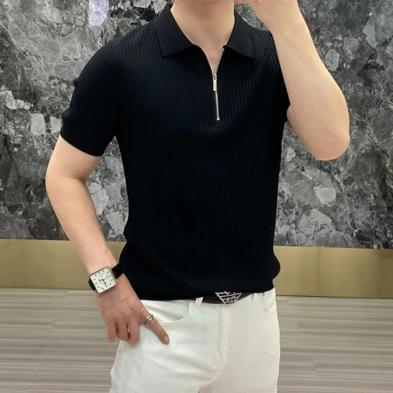 2024 Summer Thin Ice Silk Cool Men's Polo Shirt Solid Lapel Zipper Patchwork Smart Casual Elastic Breathable Short Sleeved Top