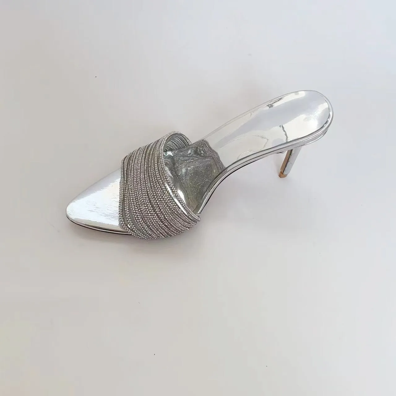 

Silver Rhinestone Pointed Open Toe Slip-On Stiletto High Heels Slippers Hollow Casual Women's Mules Outside Footwear