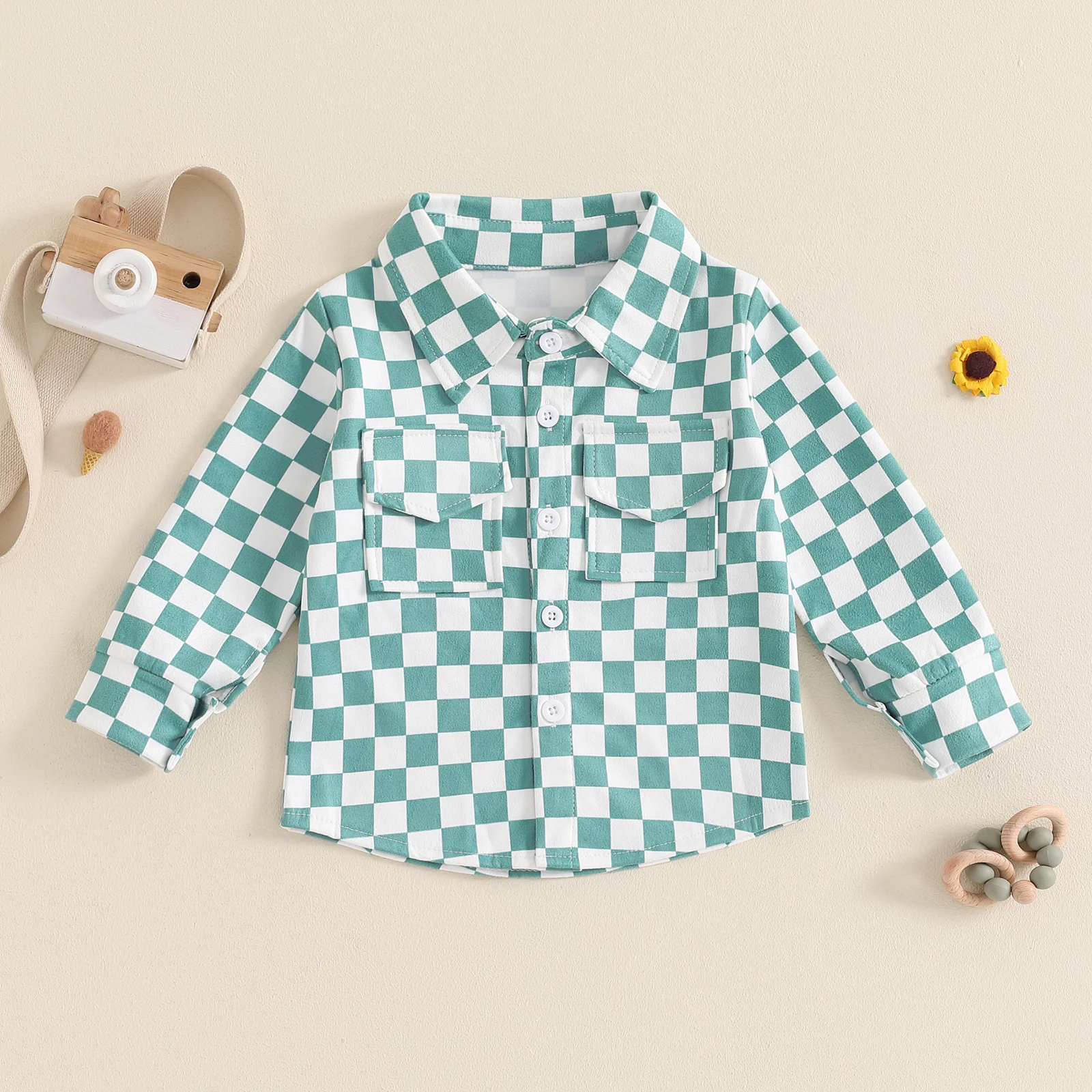 Children Baby Boy Lapel Neck Checkerboard Shirt Toddler Long Sleeve Button Down Shirt with Pockets Toddler Casual Loose Jacket