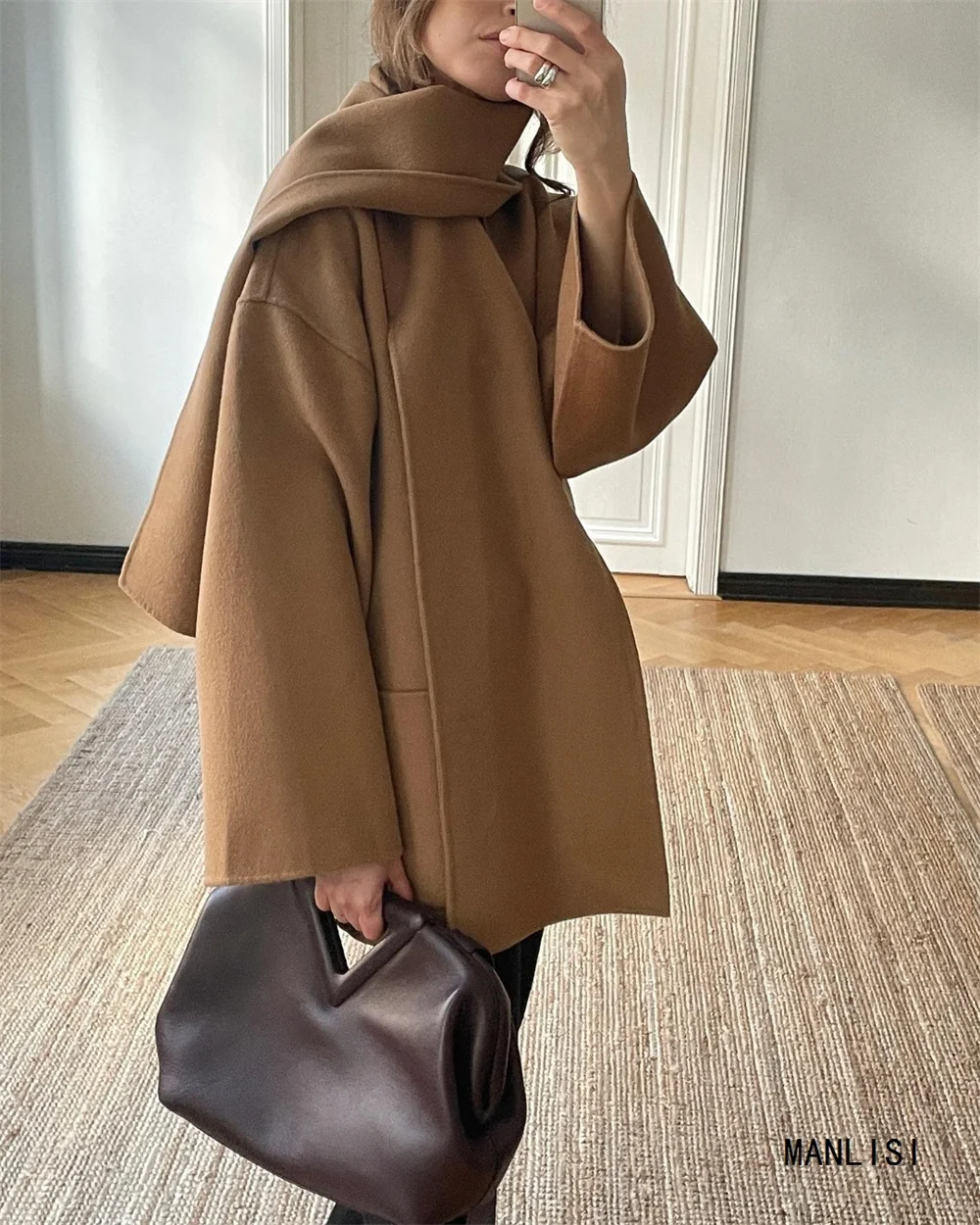 

Women Solid Woolen Patchwork Coat with Scarf Autumn Brown Long Sleeve Pocket Single Breasted Winter Overcoat Street Jacket