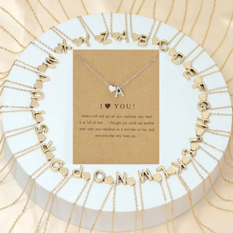 

New Love Initial Necklace Women's Peach Heart 26-letter Pendant Initial Heart Card Collar Chain
