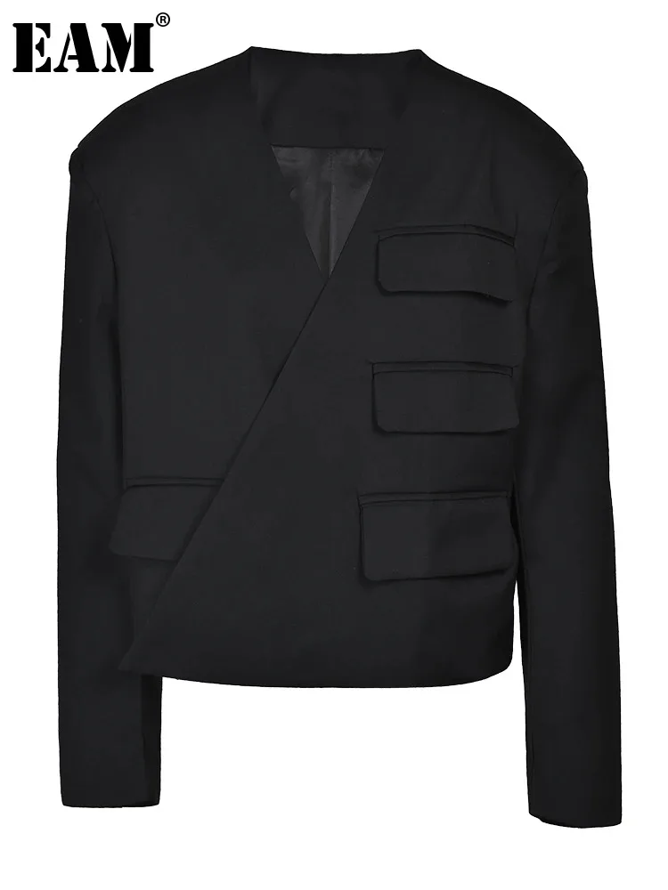 

[EAM] Women Khaki Irregular Pockets Big Size Brief Blazer New V-neck Long Sleeve Loose Jacket Fashion Spring Autumn 2024 1DF8386