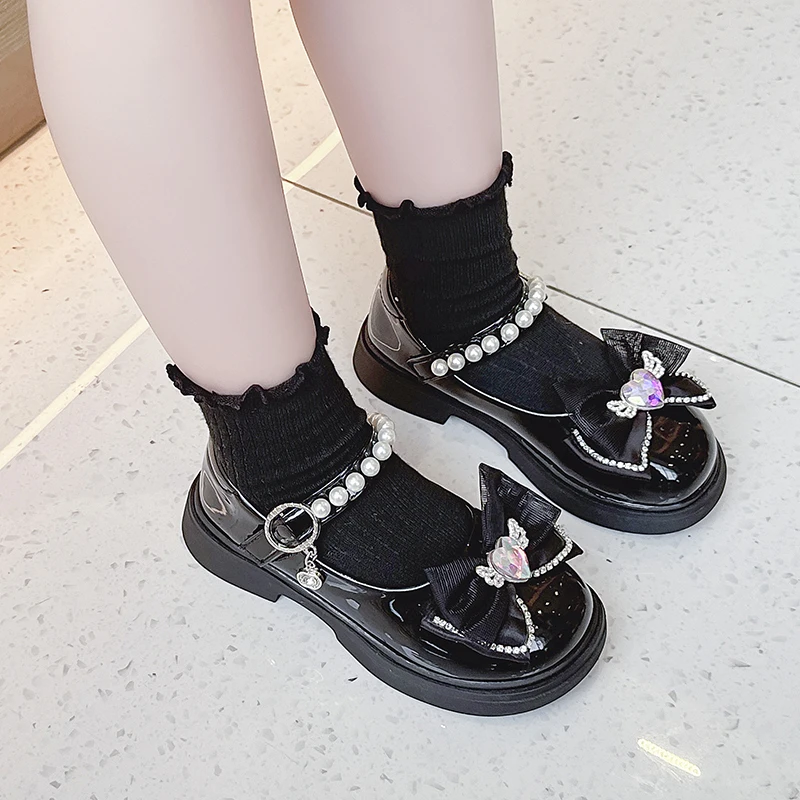 Sweet Children Princess Shoes Elegant Love Crown Bowknot Kids Leather Shoe Fashion Chic Girls Pearl Single Shoes Mary Janes