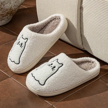 Fashion Women's Slippers Cute Line Cat Embroidery Winter Indoor Warm Soft Sole Exquisite Comfortable Couple Home Shoes 1