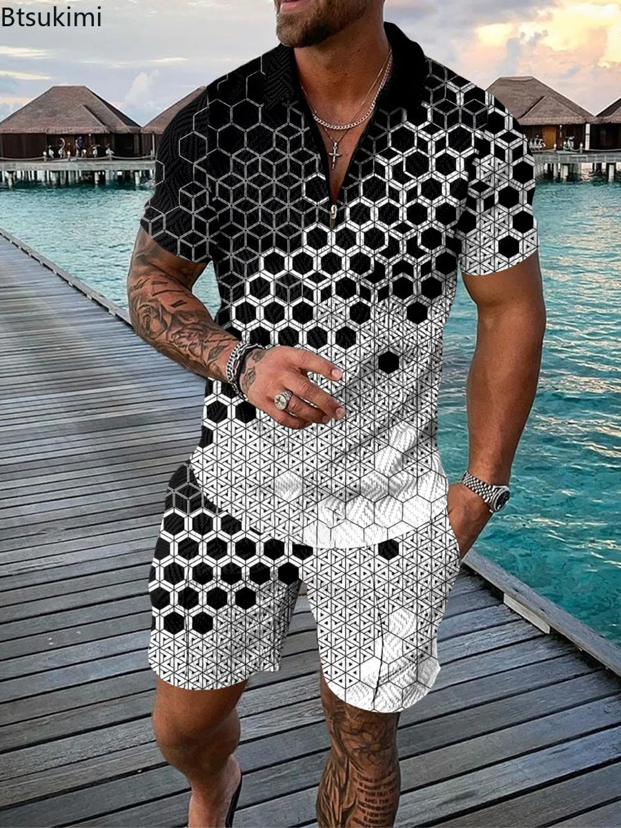 New Summer Men's 3D Digital Printing Lapel Zipper POLO Shirts Short Sleeve + Shorts Two-piece Set Mens Casual Summer Sets 2023