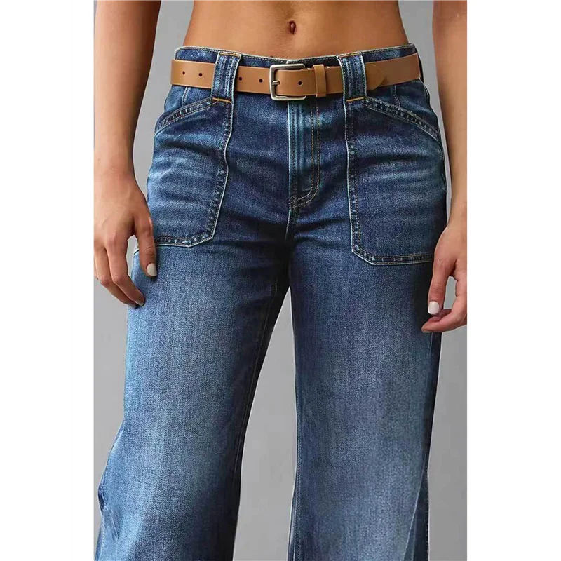 넓은 일자핏 미드라이즈 배기 포켓 데님 청바지 (벨트 없음)