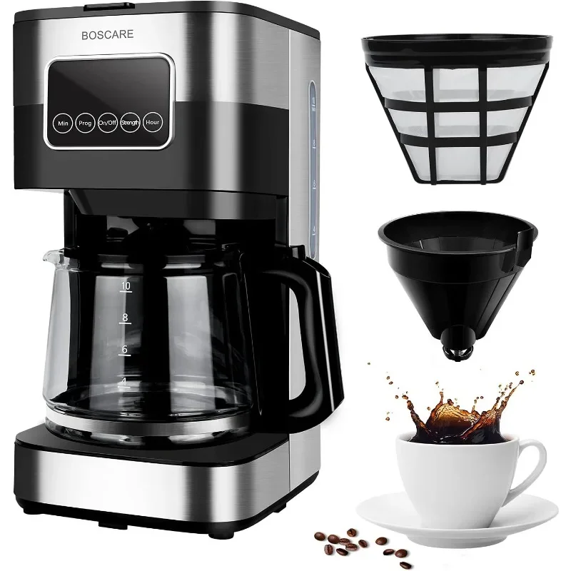 

BOSCARE 10-Cup Programmable Coffee Maker: Drip Coffee Maker, Mini Coffee Machine with Auto Shut-off, Strength Control