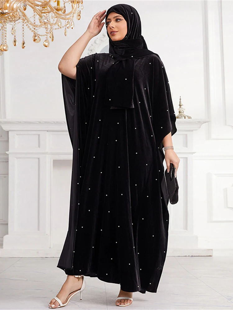 2024 Ramadan Eid Mubarak Hijab Abayas Muslim Women Black Dress Luxury Velvet Robe Caftan Marocain Khimar Party Evening Clothing