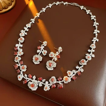 1/2 Pcs Shiny Zircon Coffee Rose Flower Chokers Necklaces for Women Luxury Elegant Drop Earrings Banquet Gifts Jewelry Sets N 1