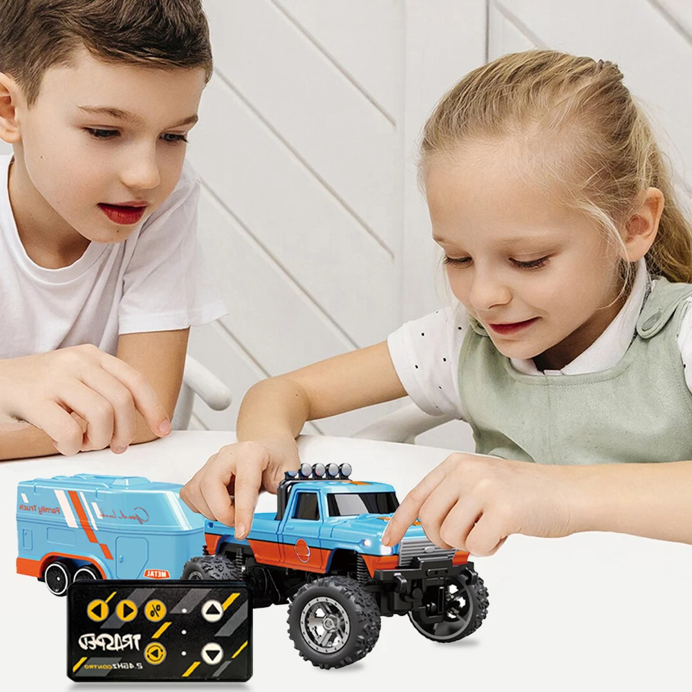 Mini RC Monster Truck with Lights & Trailer All Terrain Off-Road Truck Toy 1:64 Scale 2.4Ghz Remote Control Children Toy Gift