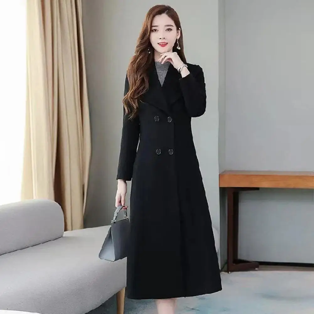 Simple Thickened Woolen Coat Waist Tight Lady Winter Solid Color Mid-Calf Length Buttons Woolen Jacket Coat Coldproof