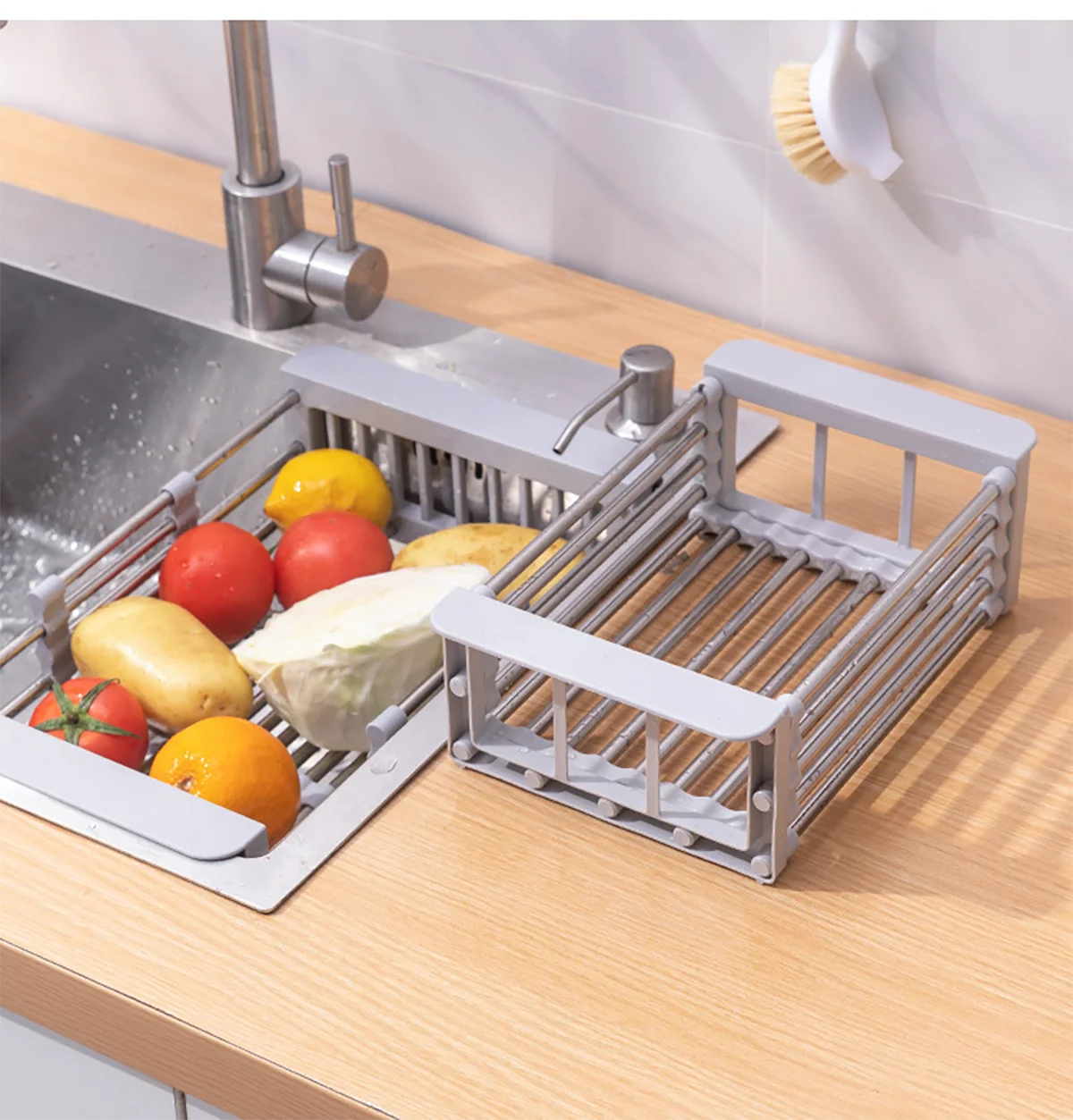 Expandable Sink Drainer Adjustable 28-47cm Stainless Steel+PP Anti-slip Large Capacity Vegetable & Cutlery Drainer