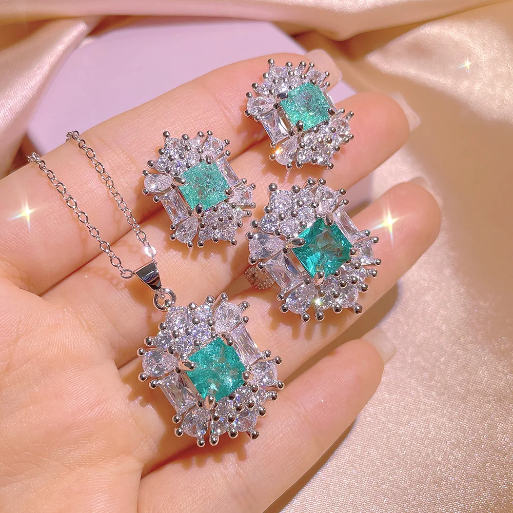 

NEW Trend Paraípa Square Sapphire Flower Pendant Necklace Stud Ring For Women Three-Piece Set Full Diamond Anniversary Jewelry