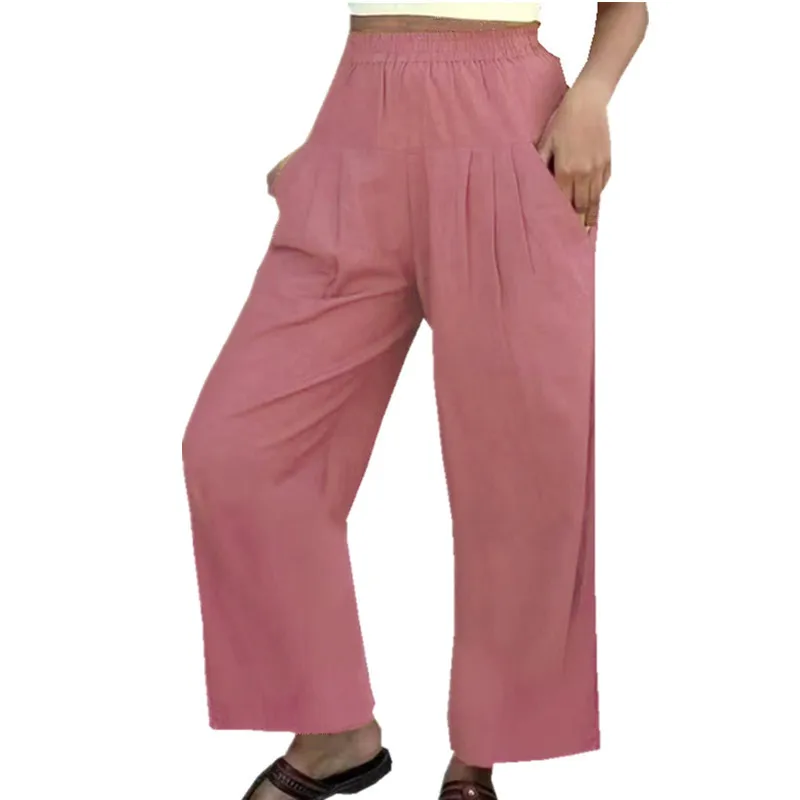 2022 New Casual Summer Women Grey Straight Pants Cotton and Linen Pockets Solid Color All-match Folds Wide Leg Trousers Trend