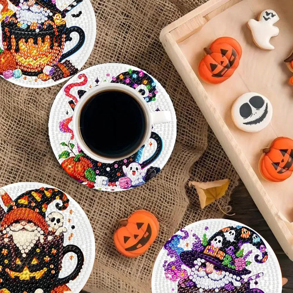 8 PCS Halloween Gnome Diamond Painting Coaster Kits - DIY 5D Diamond Art With Cork Pads & Holder, Craft For Adults - View #3