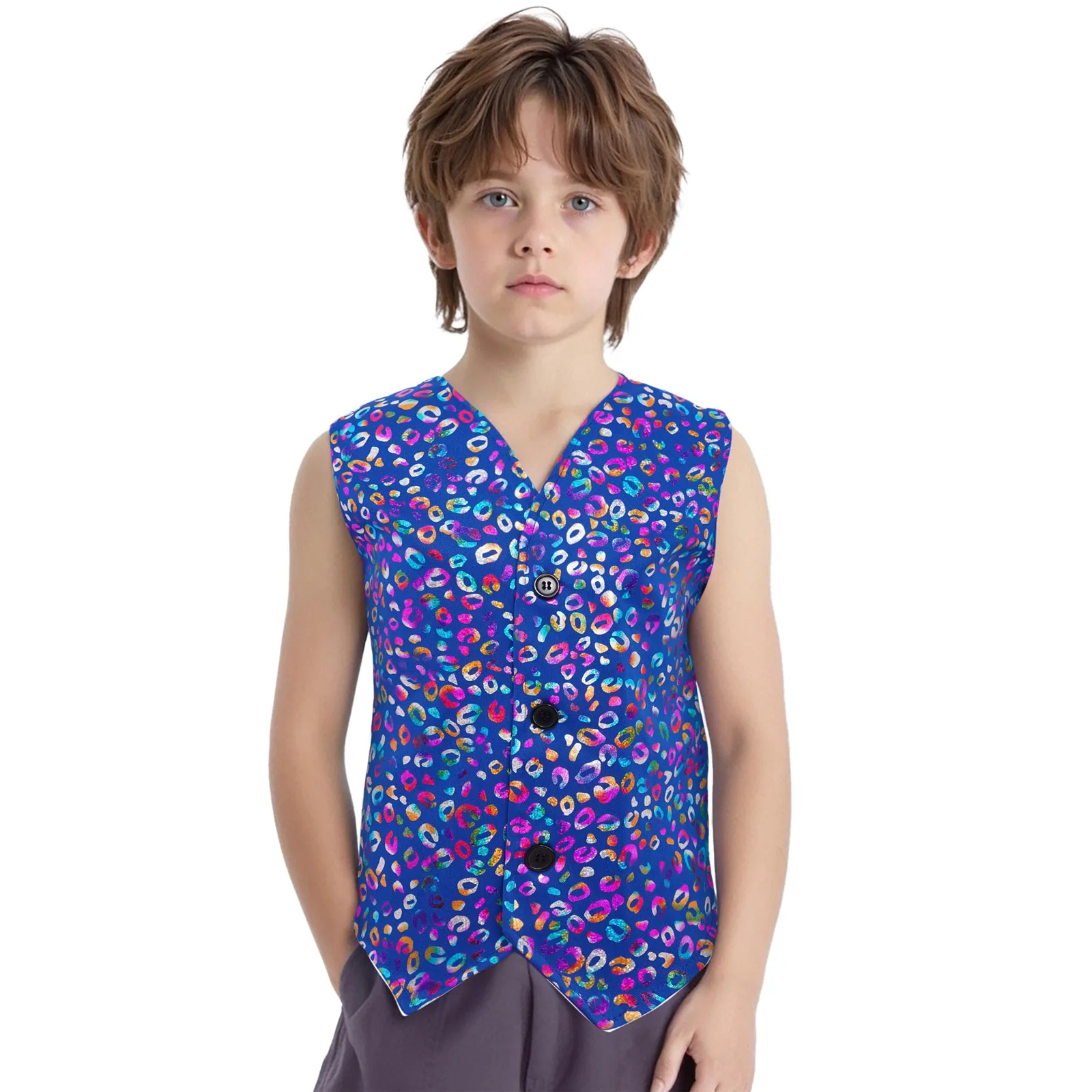 키즈 소녀 소년 디스코 댄스 재즈 탱고 공연 의상 민소매 비대칭 밑단 버튼 메탈릭 레오파드 조끼 댄스웨어