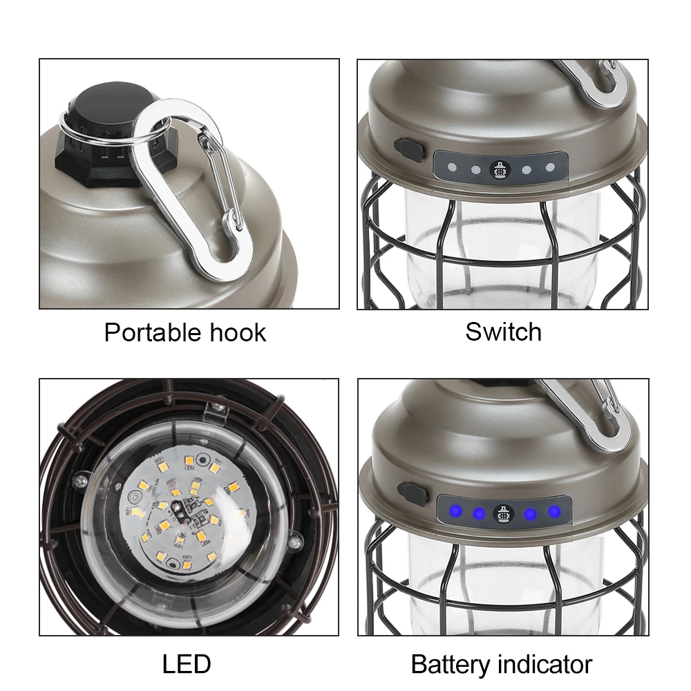 Camping Light Portable Lanterns Camping Lamp Camping Lantern Vintage Metal Hanging Camping Lanterns 3600mAh Battery Powered Warm Light Led Camp Lantern Rechargeable Tent Light For Outdoor