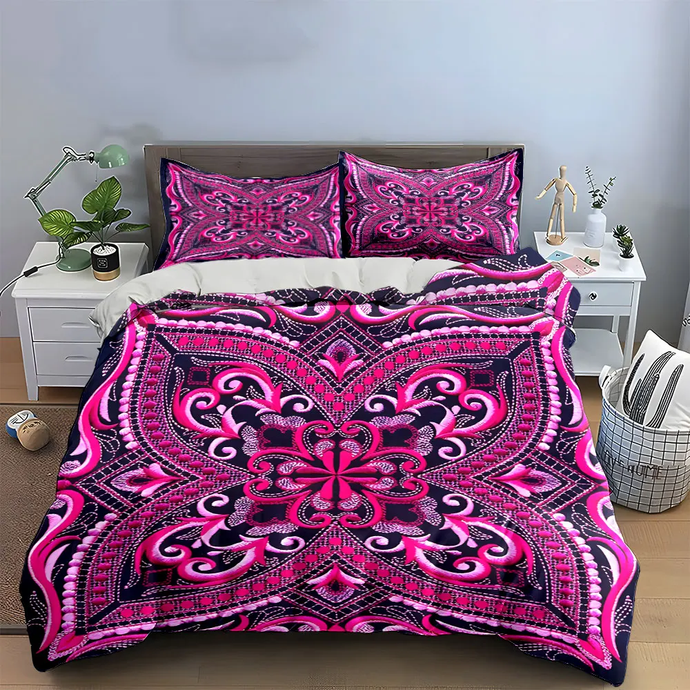 Boho Mandala Embroidery Pattern Bedding Set, Symmetrical Ethnic Floral Print Duvet Cover Set, Bohemian Soft Microfiber Bed 3pcs 3