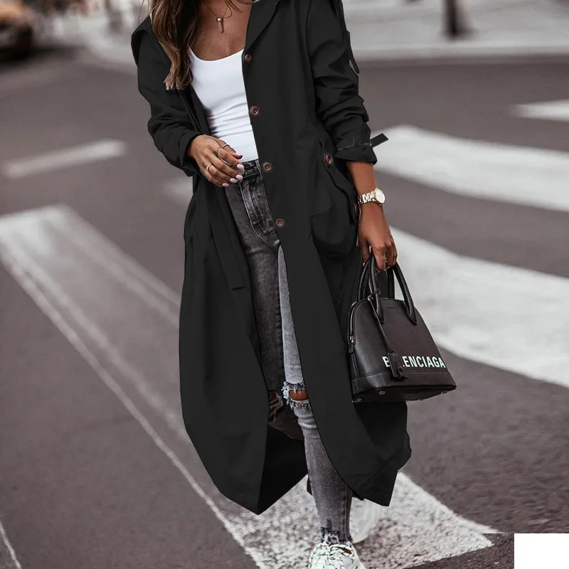 

Wepbel Trench Coat Loose Outwear Pocket Design Fashion Trench Coats Women Long Sleeve Pocket Single-Breasted Belted Hem Jackets
