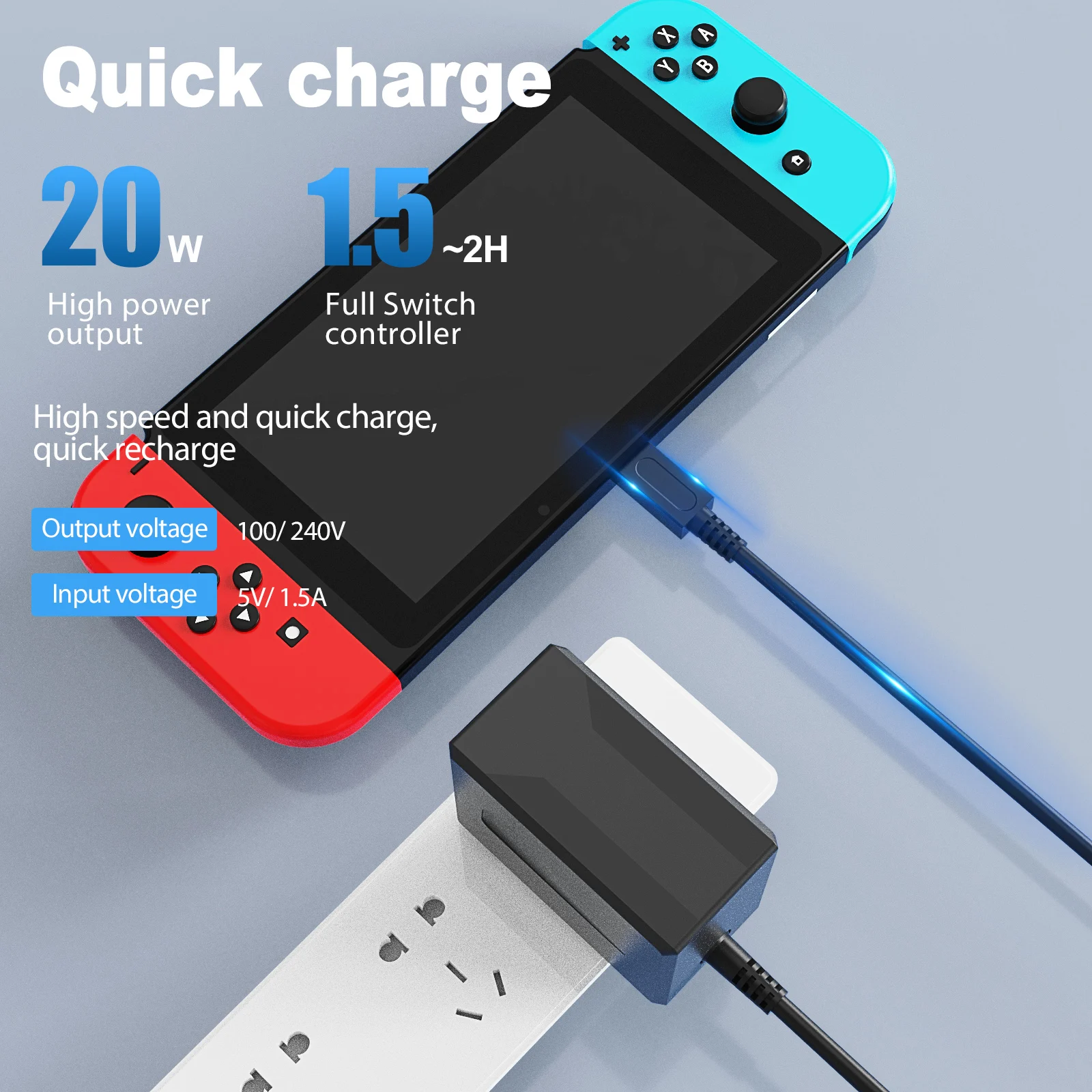 Nintendo Switch fast charger, compatible with Switch Lite/LOED/Switch dock fast charging, cable length 1.5m/C port/EU specificat