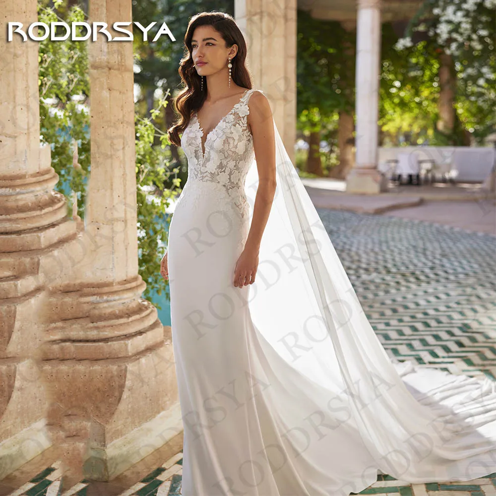 

RODDRSYA Mermaid Wedding Dress 2024 Bride With Cape vestidos de novia Beach V Neck Lace Appliques Tank Backless Bridal Gowns