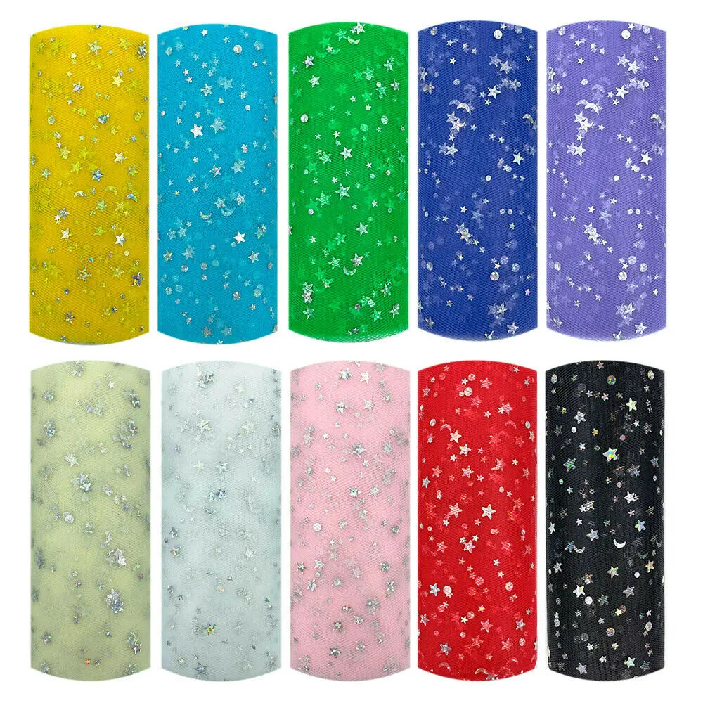 6' X10Yard/Rolle Tüll Organza Stern Mond Tutu Stoff für Hochzeitsdekoration Mariage Garn Geburtstagsfeier Zubehör Handgemachte Puppenkleidung – Detail 1