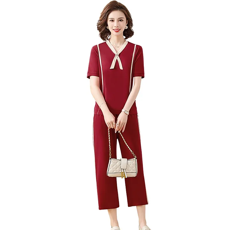 

5XL Women Pants 2-Piece Set 2023 Summer Suit Middle Aged Female Short-sleeved Tops+ Wide leg Pants Two-Piece Suit Loose Sets