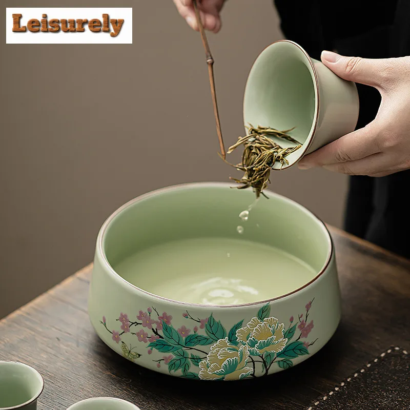 Pea Green Ru Kiln Jianshui Hibiscus Flower Washing Cup Bowl Large Capacity Tea Garbage Can Household Chaxi Cha Supplies Craft