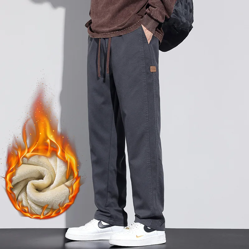 Autumn Winter Oversized Elastic Waist Lace Up Loose Casual Fashion Straight Pants Men Solid Color All-match Wide Leg Trousers