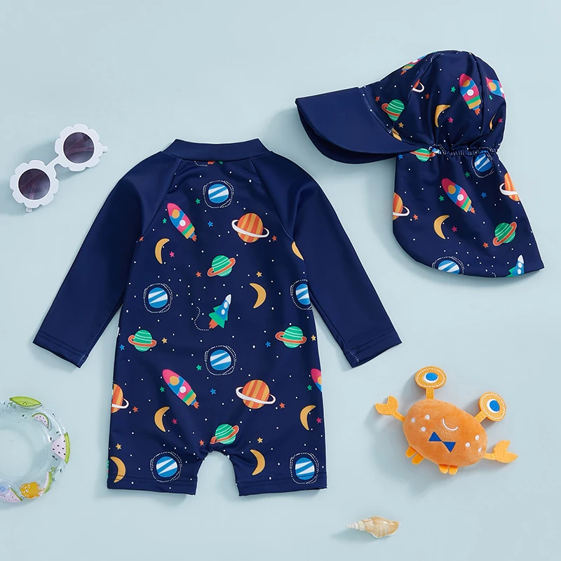 Toddler Boy Rash Guard Swimsuit with Hat 2 Pcs Set Planet Dinosaur Pattern Zip Up Long Sleeve Crew Neck Baby Boy Swimwears